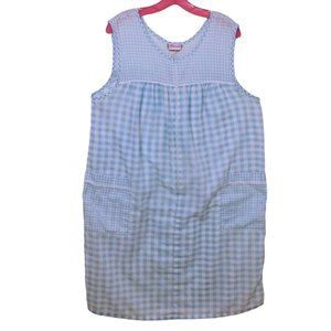 Vintage 80s Granada Gingham Ric-Rack Cottage House Dress M/L Pockets Zip-Front